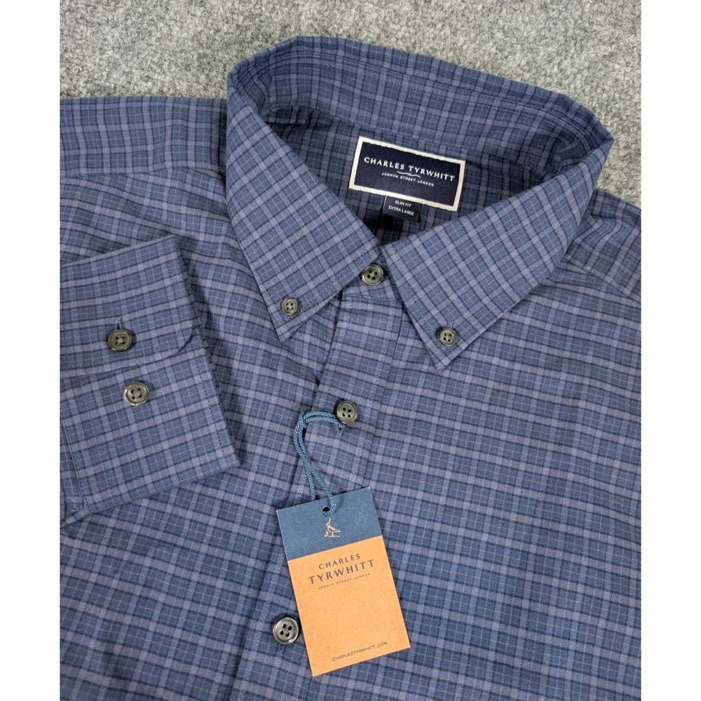 Charles Tyrwhitt Long‎ Sleeve Button Down Shirt Mens XL Slim Indigo Check Cotton